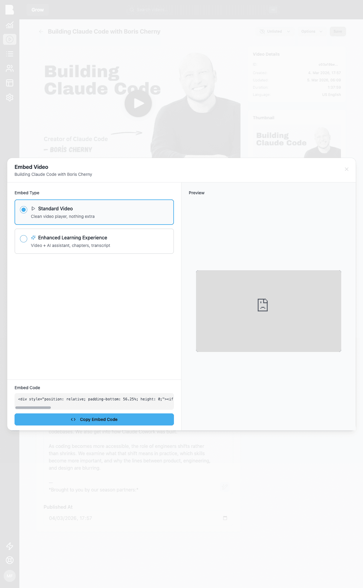 The embed dialog