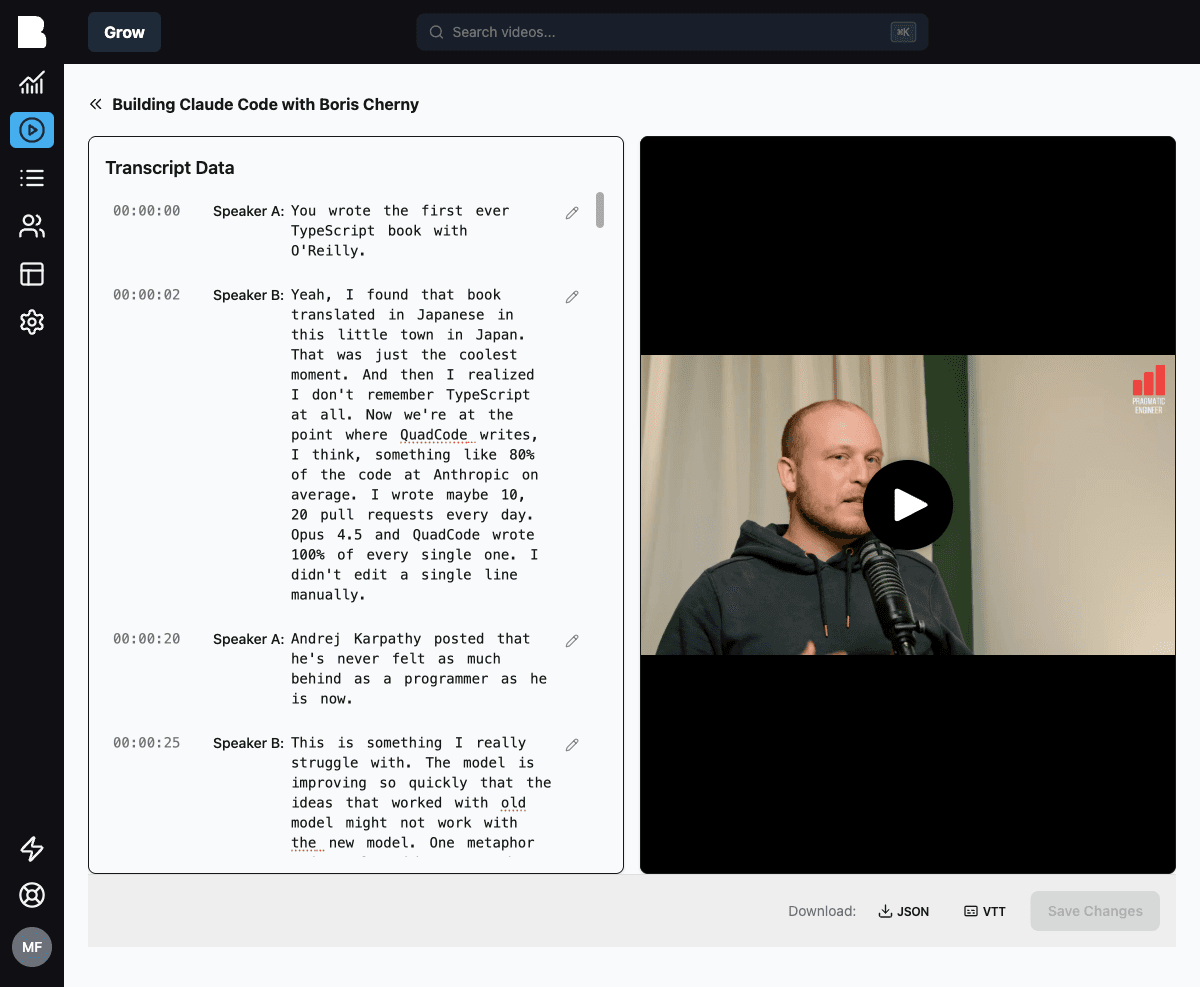 The transcript editor with speaker segments