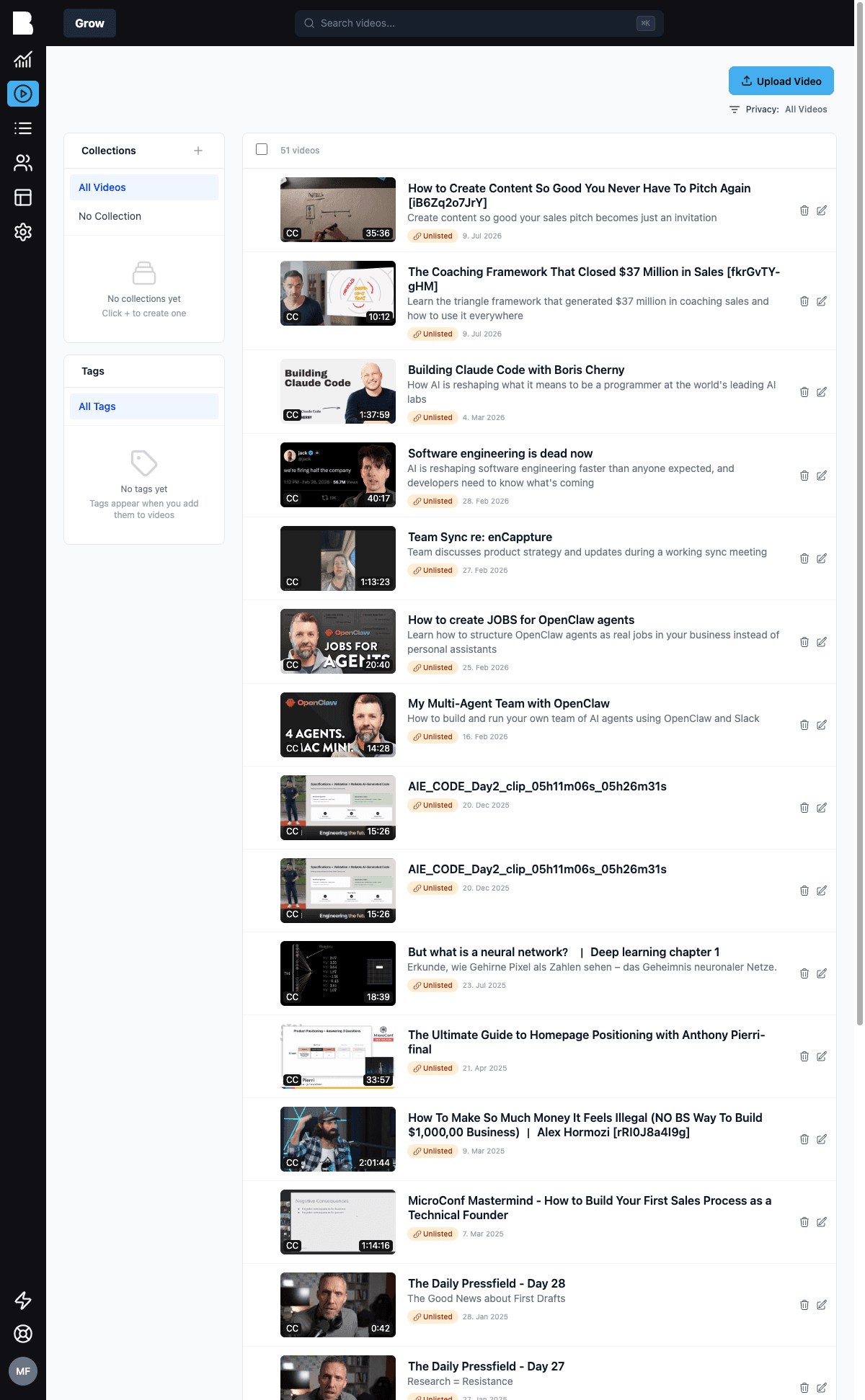 The video library with collections and tags sidebar