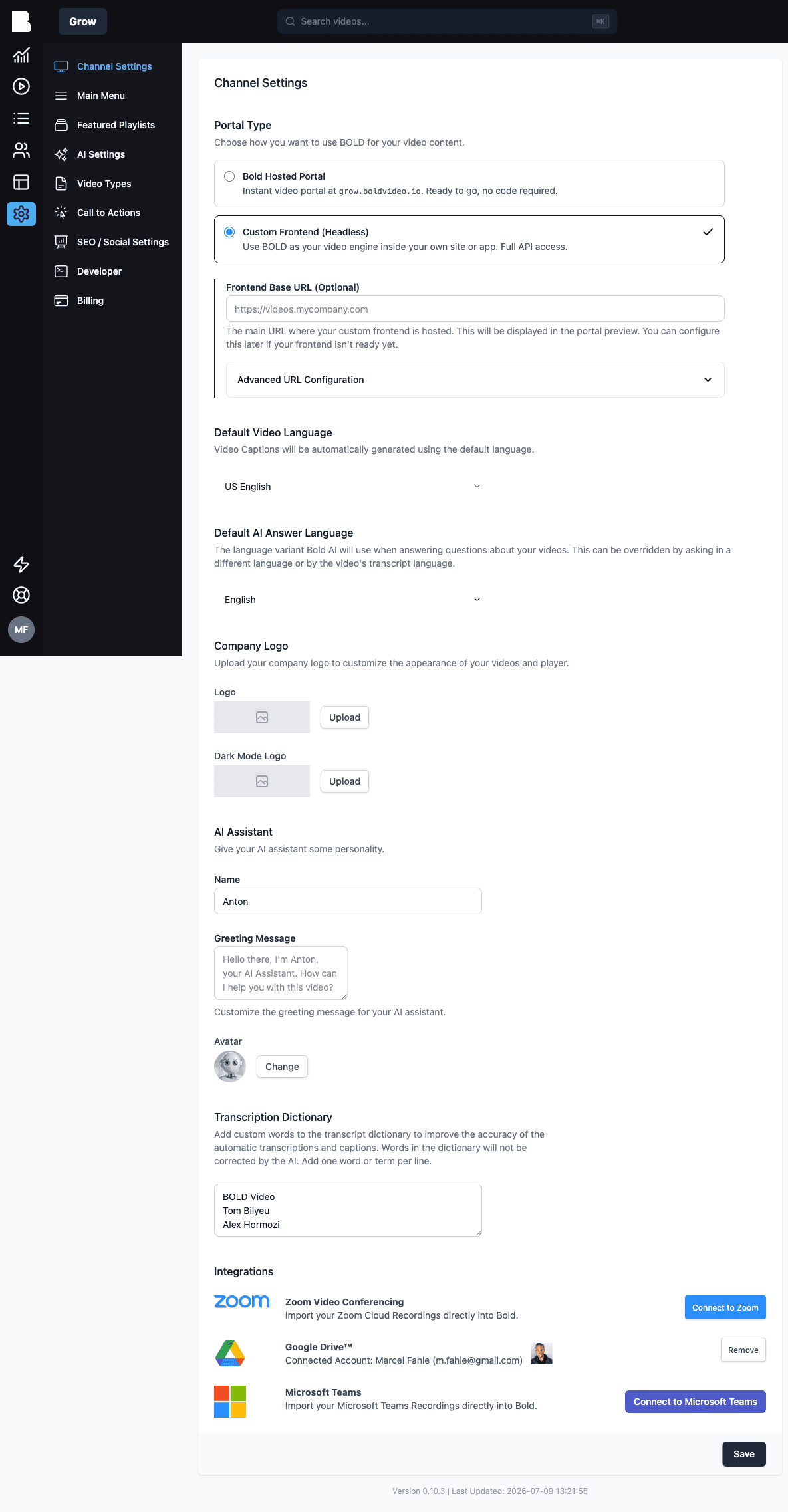 Channel settings